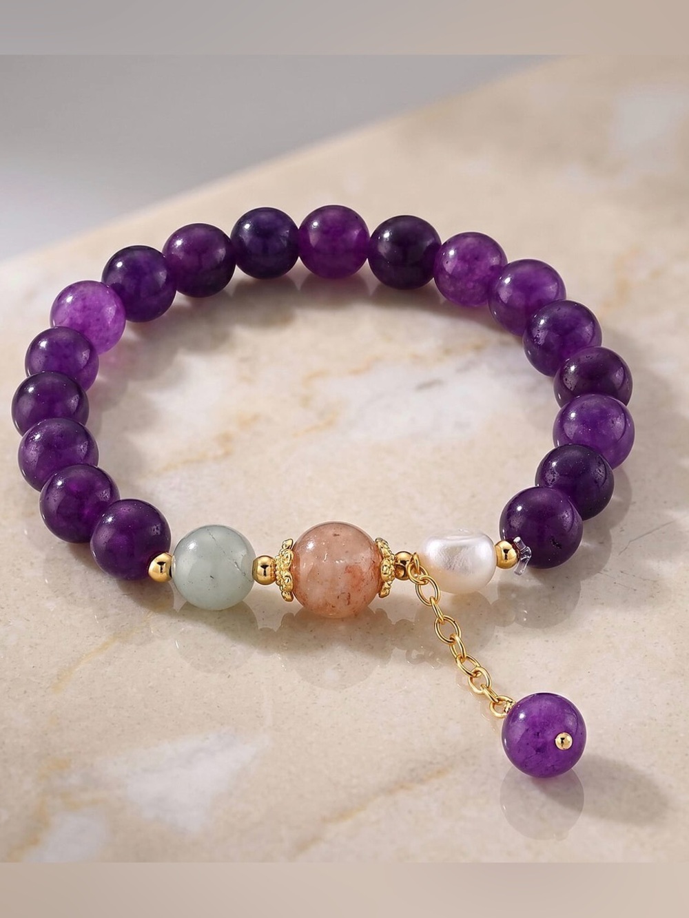 Amethyst Beaded Stretch Bracelet with Mixed Gem Accents
